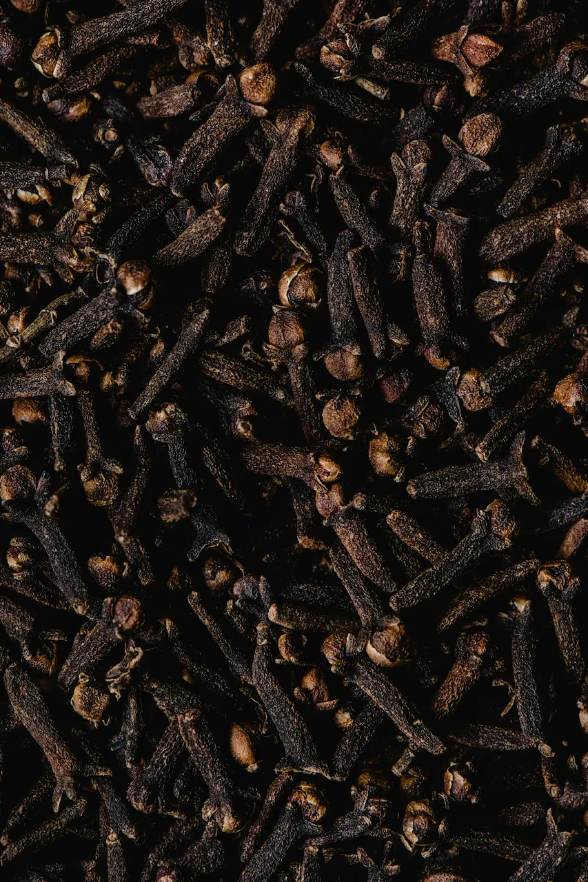 A close-up of cloves, showing the intricate details of this bold and warm aromatic spice.